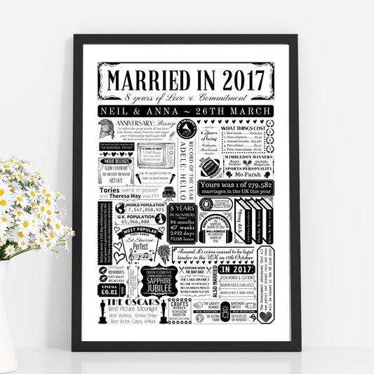 Married in 2017 Print | Personalised 8th Bronze Wedding Anniversary Gift - The Word Shack