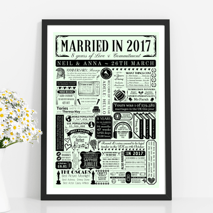 Married in 2017 Print | Personalised 8th Bronze Wedding Anniversary Gift - The Word Shack