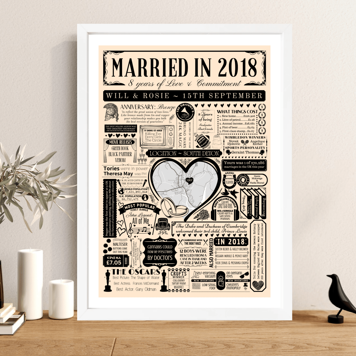 Married in 2018 Wedding Location Map Print | Personalised 8th Anniversary Gift - The Word Shack
