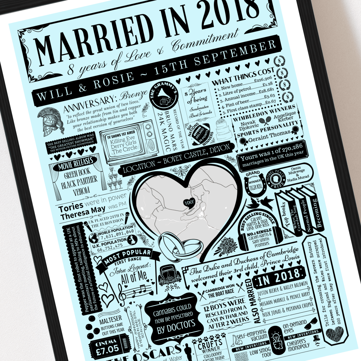 Married in 2018 Wedding Location Map Print | Personalised 8th Anniversary Gift - The Word Shack
