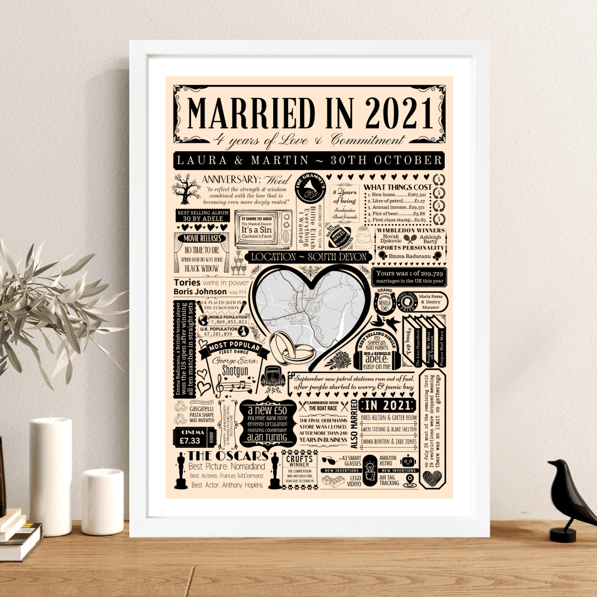 Married in 2021 Wedding Location Map Print | Personalised 5th Wood Anniversary Gift - The Word Shack