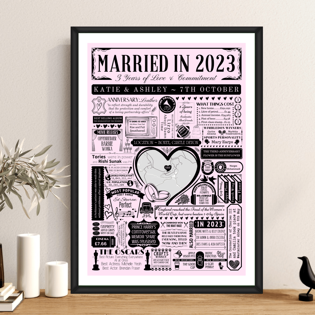 Married in 2023 Wedding Location Map Print | Personalised 3rd Anniversary Gift - The Word Shack