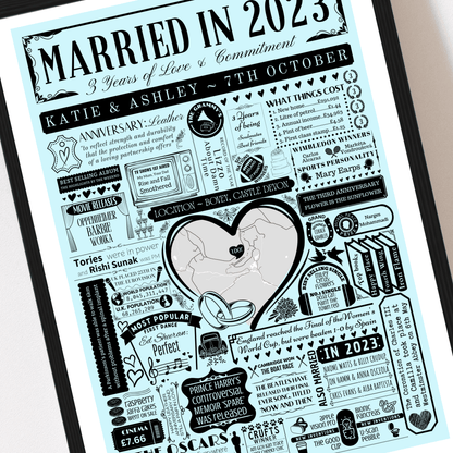 Married in 2023 Wedding Location Map Print | Personalised 3rd Anniversary Gift - The Word Shack