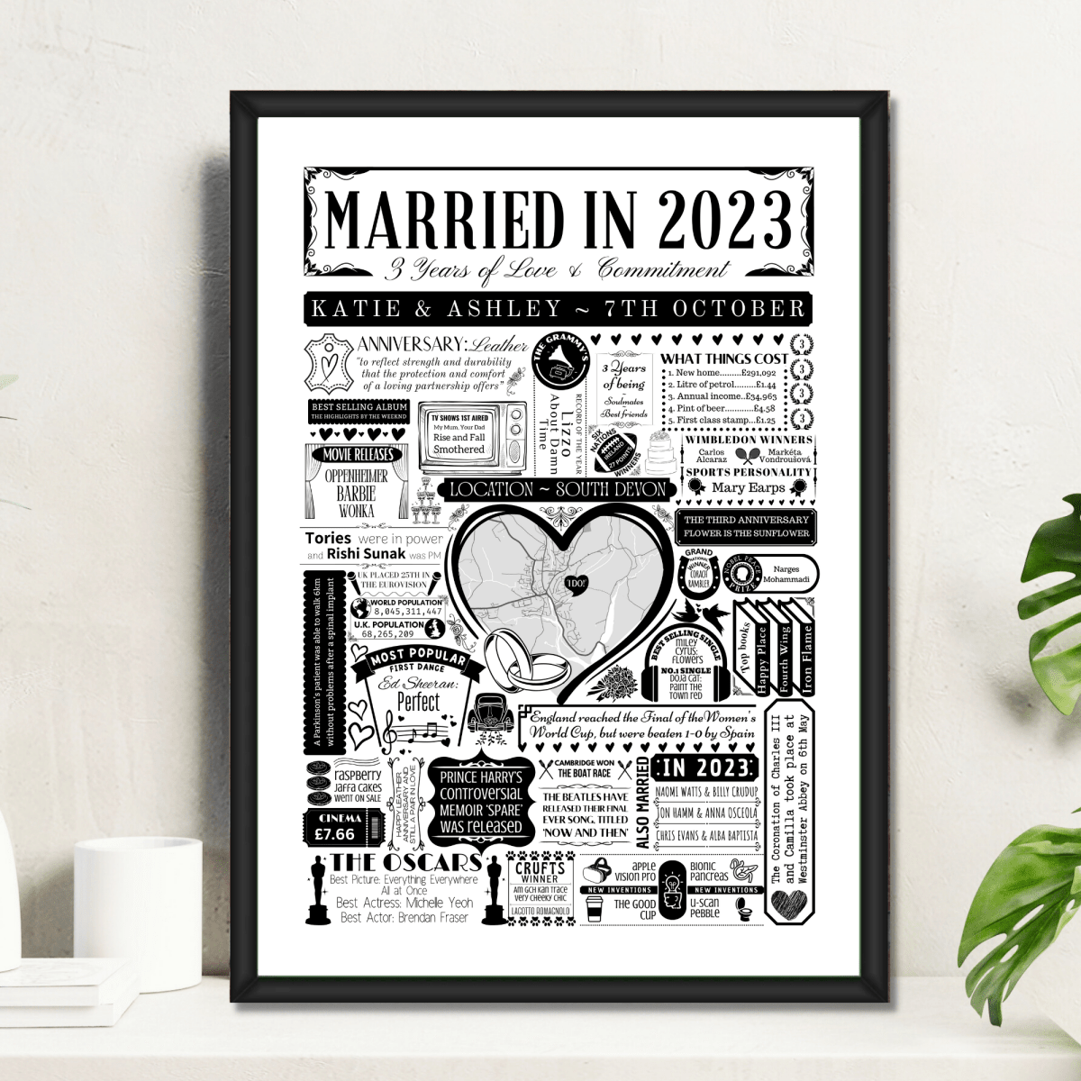 Married in 2023 Wedding Location Map Print | Personalised 3rd Anniversary Gift - The Word Shack