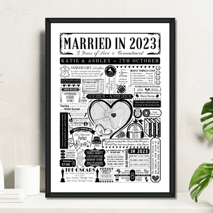 Married in 2023 Wedding Location Map Print | Personalised 3rd Anniversary Gift - The Word Shack