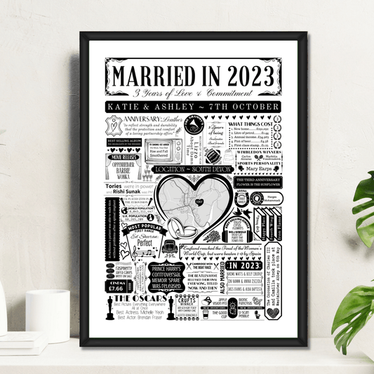Married in 2023 Wedding Location Map Print | Personalised 3rd Anniversary Gift - The Word Shack
