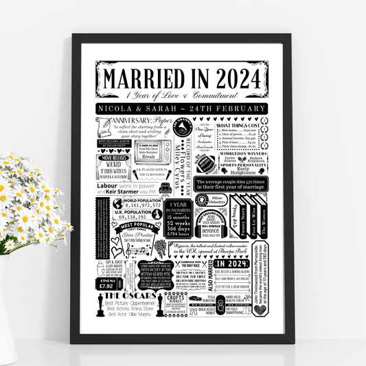 Married in 2024 Fact Print | Personalised 1st Year Paper Wedding Anniversary Gift - The Word Shack