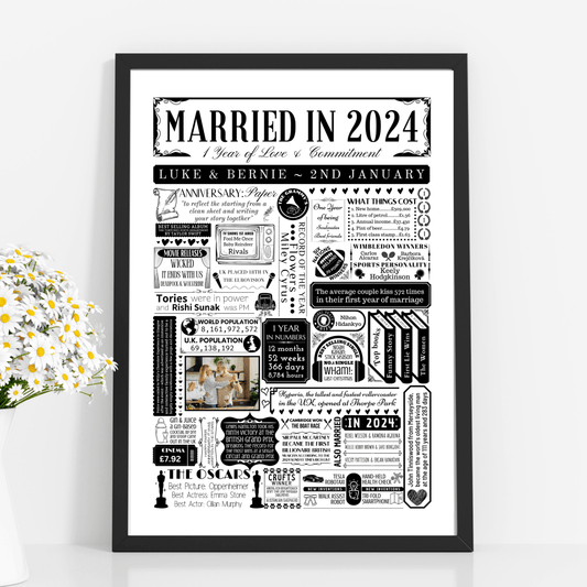 Married in 2024 Photo Print | Personalised 1st Year Paper Wedding Anniversary Gift - The Word Shack