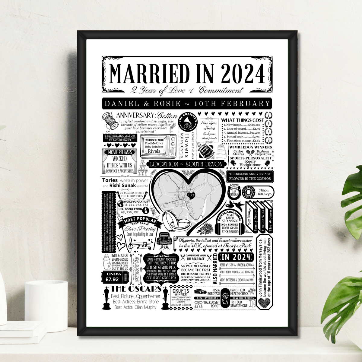 Married in 2024 Wedding Location Map Print | Personalised 2nd Anniversary Gift - The Word Shack