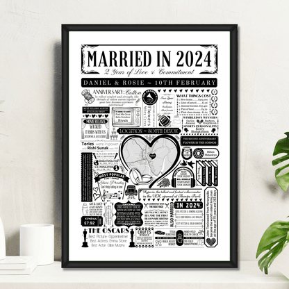 Married in 2024 Wedding Location Map Print | Personalised 2nd Anniversary Gift - The Word Shack
