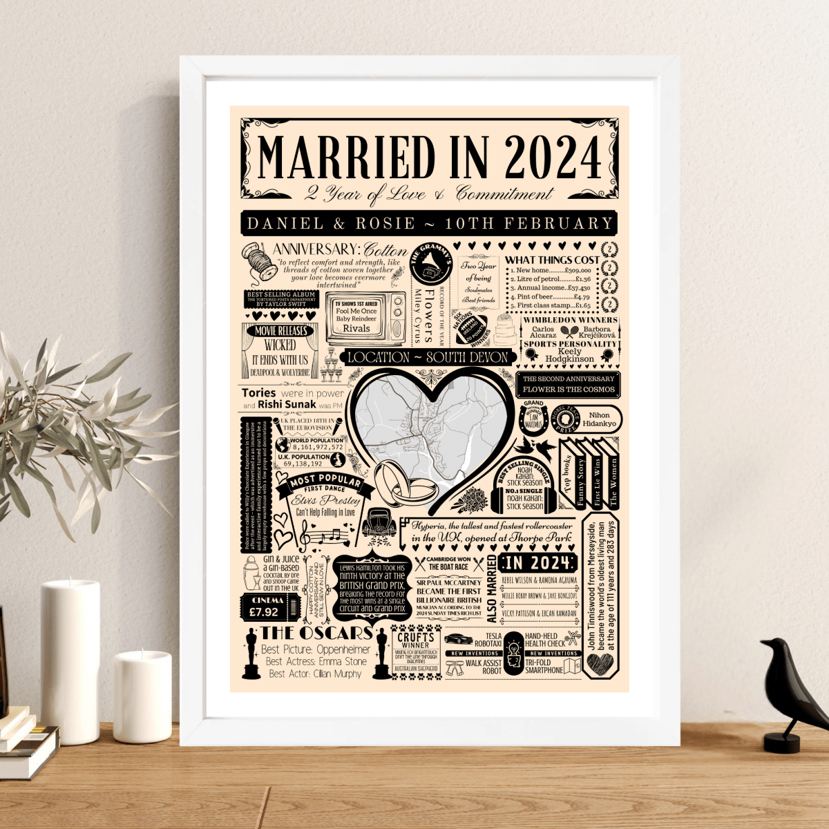 Married in 2024 Wedding Location Map Print | Personalised 2nd Anniversary Gift - The Word Shack
