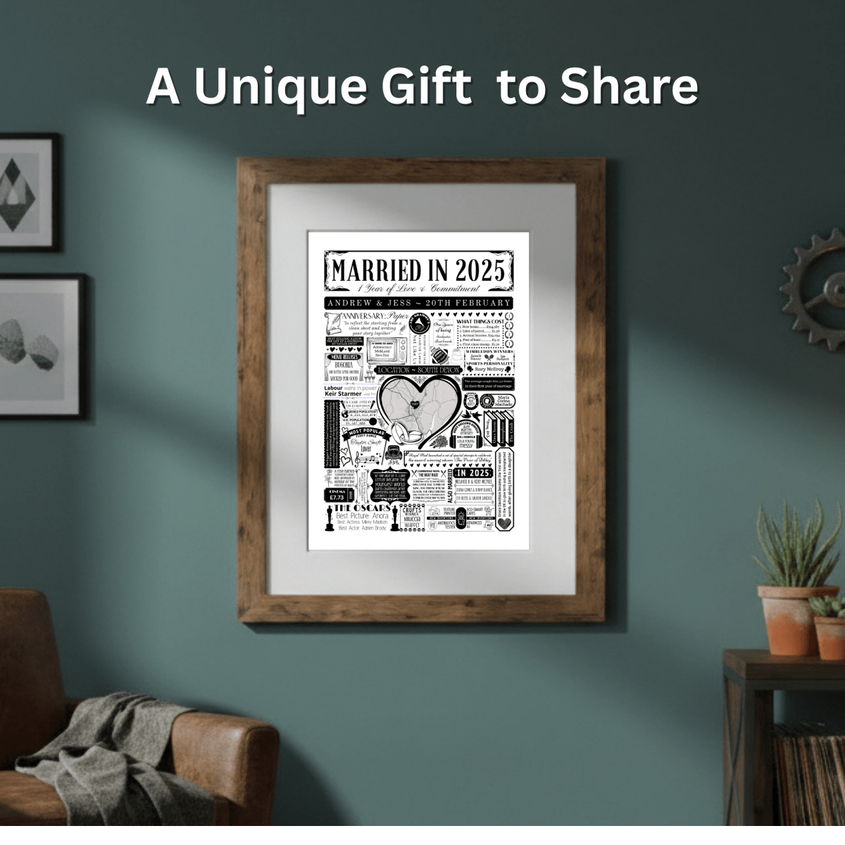 Married in 2025 Wedding Location Map Print | Personalised 1st Paper Anniversary Gift - The Word Shack