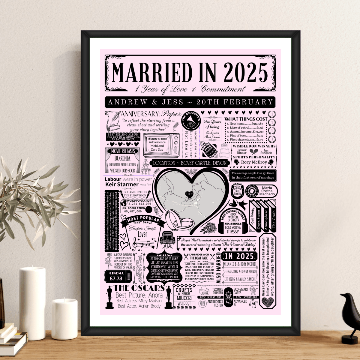 Married in 2025 Wedding Location Map Print | Personalised 1st Paper Anniversary Gift - The Word Shack