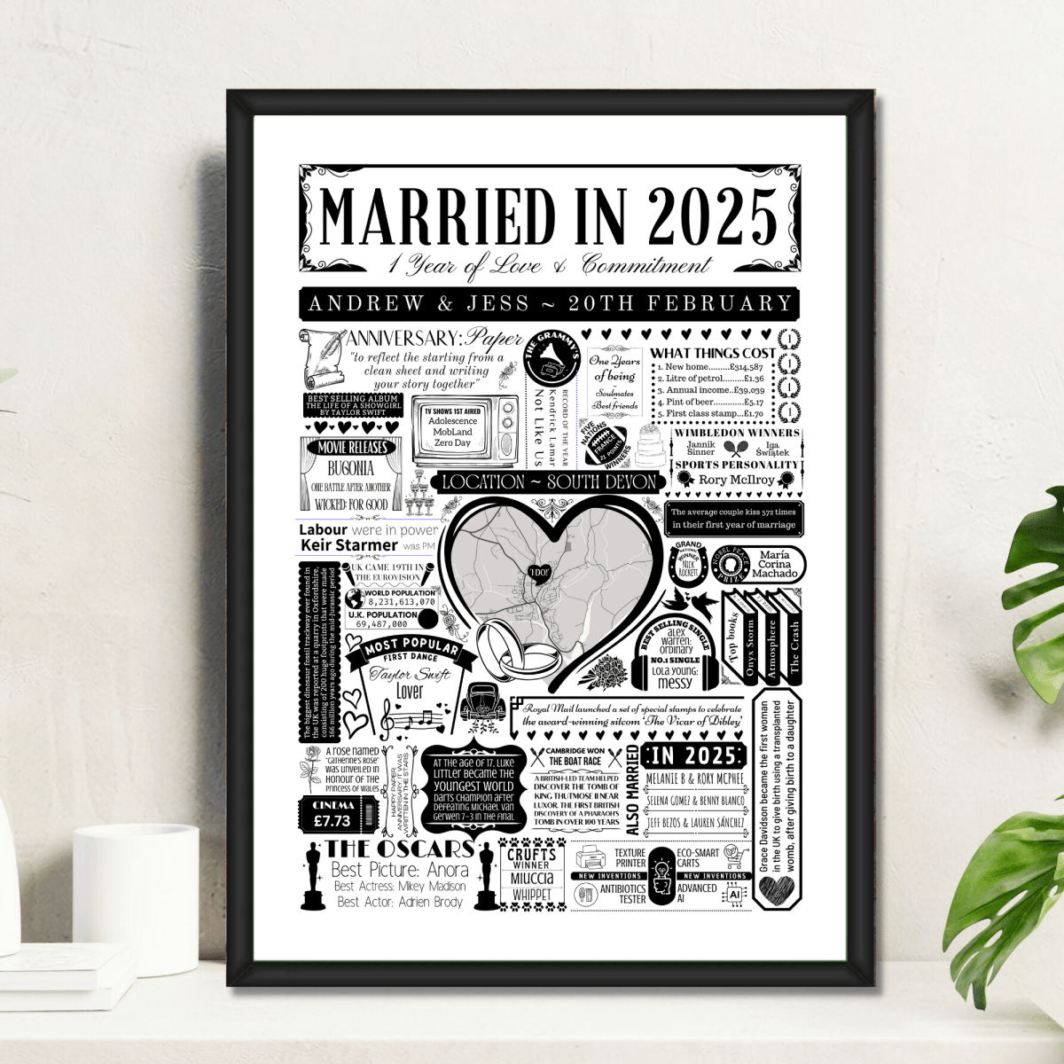 Married in 2025 Wedding Location Map Print | Personalised 1st Paper Anniversary Gift - The Word Shack