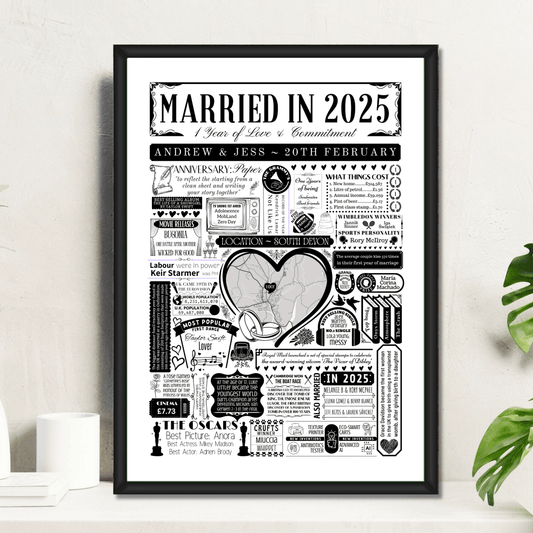 Married in 2025 Wedding Location Map Print | Personalised 1st Paper Anniversary Gift - The Word Shack