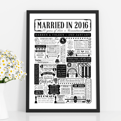 Personalised 10th Tin Anniversary Print | Married in 2016 Gift - The Word Shack