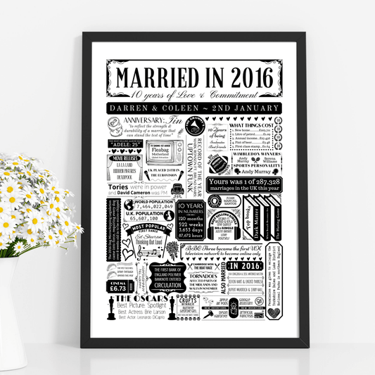 Personalised 10th Tin Anniversary Print | Married in 2016 Gift - The Word Shack