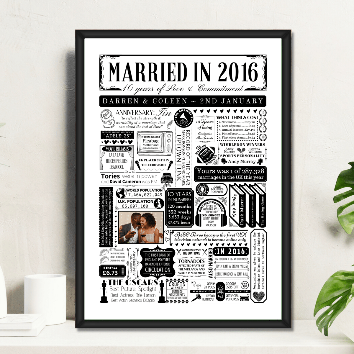 Personalised 10th Tin Anniversary Print | Married in 2016 Gift with Photo - The Word Shack