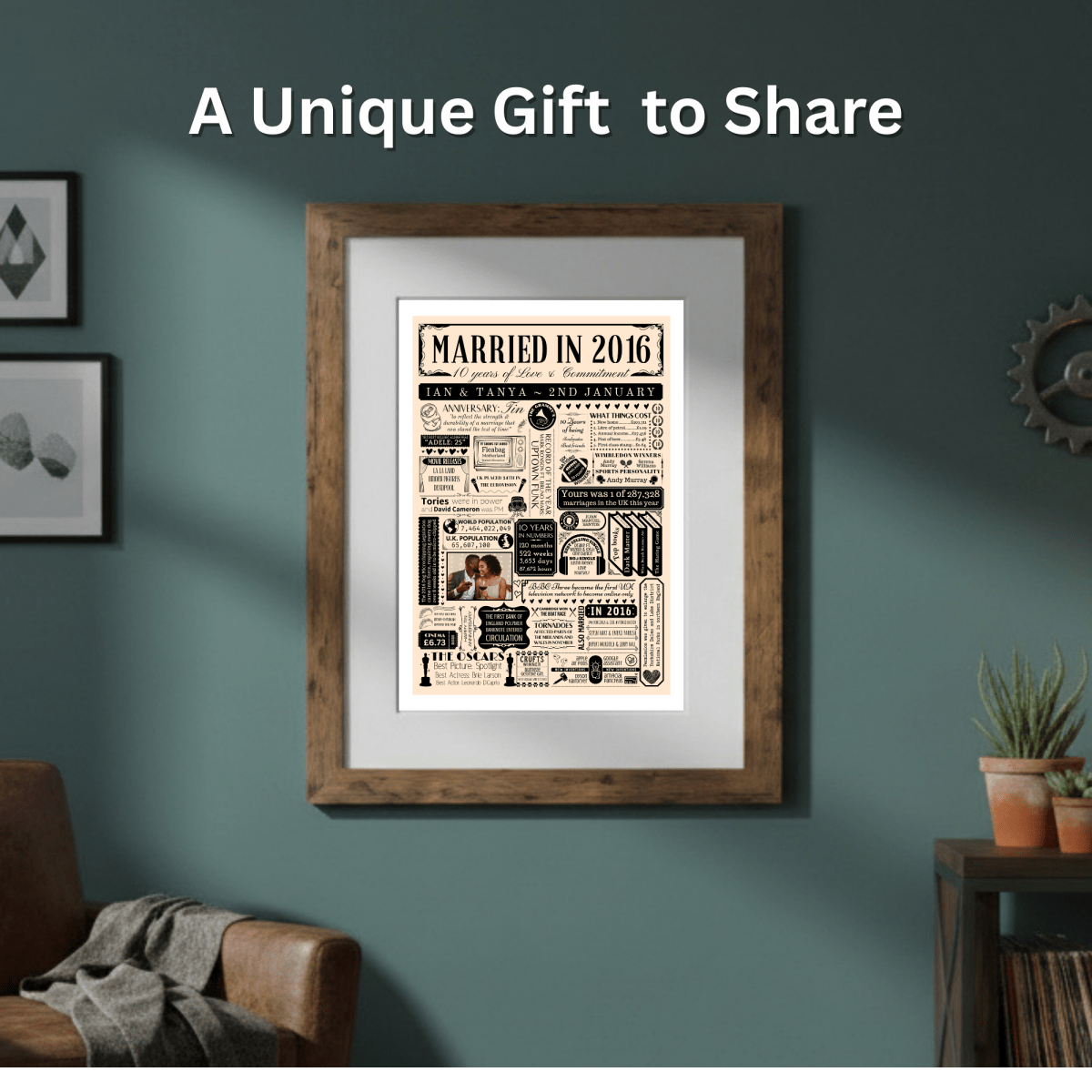 Personalised 10th Tin Anniversary Print | Married in 2016 Gift with Photo - The Word Shack