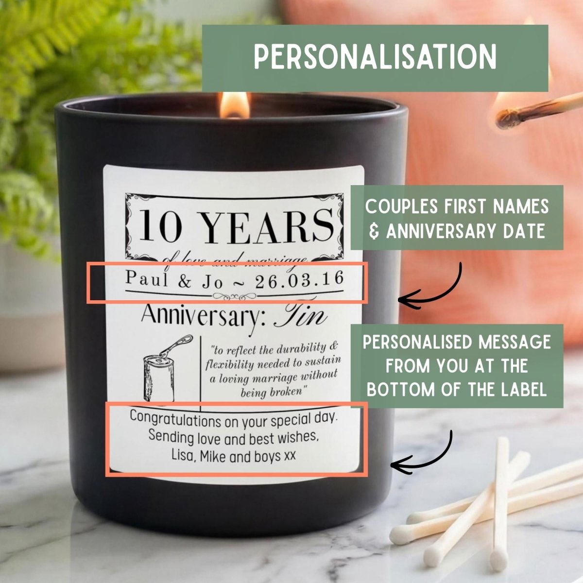 Personalised 10th Wedding Anniversary Candle - The Word Shack