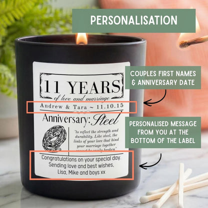 Personalised 11th Wedding Anniversary Candle | Steel Anniversary Gift - The Word Shack
