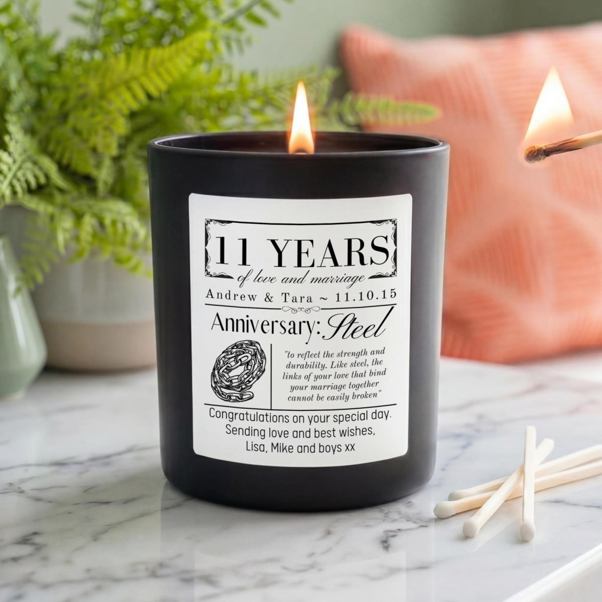 Personalised 11th Wedding Anniversary Candle | Steel Anniversary Gift - The Word Shack