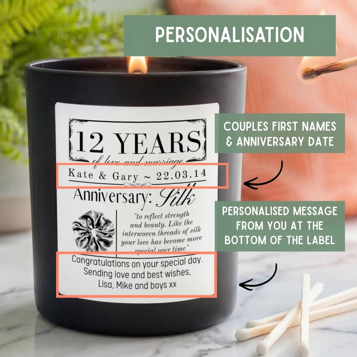 Personalised 12th Silk Wedding Anniversary Candle - The Word Shack