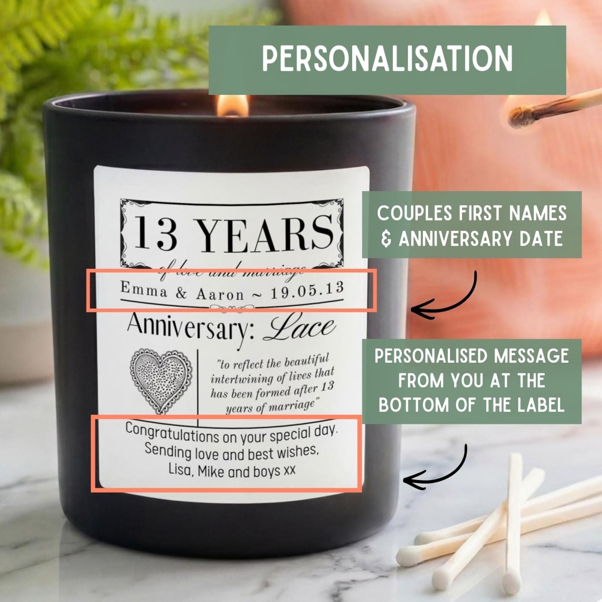 Personalised 13th Lace Wedding Anniversary Candle - The Word Shack