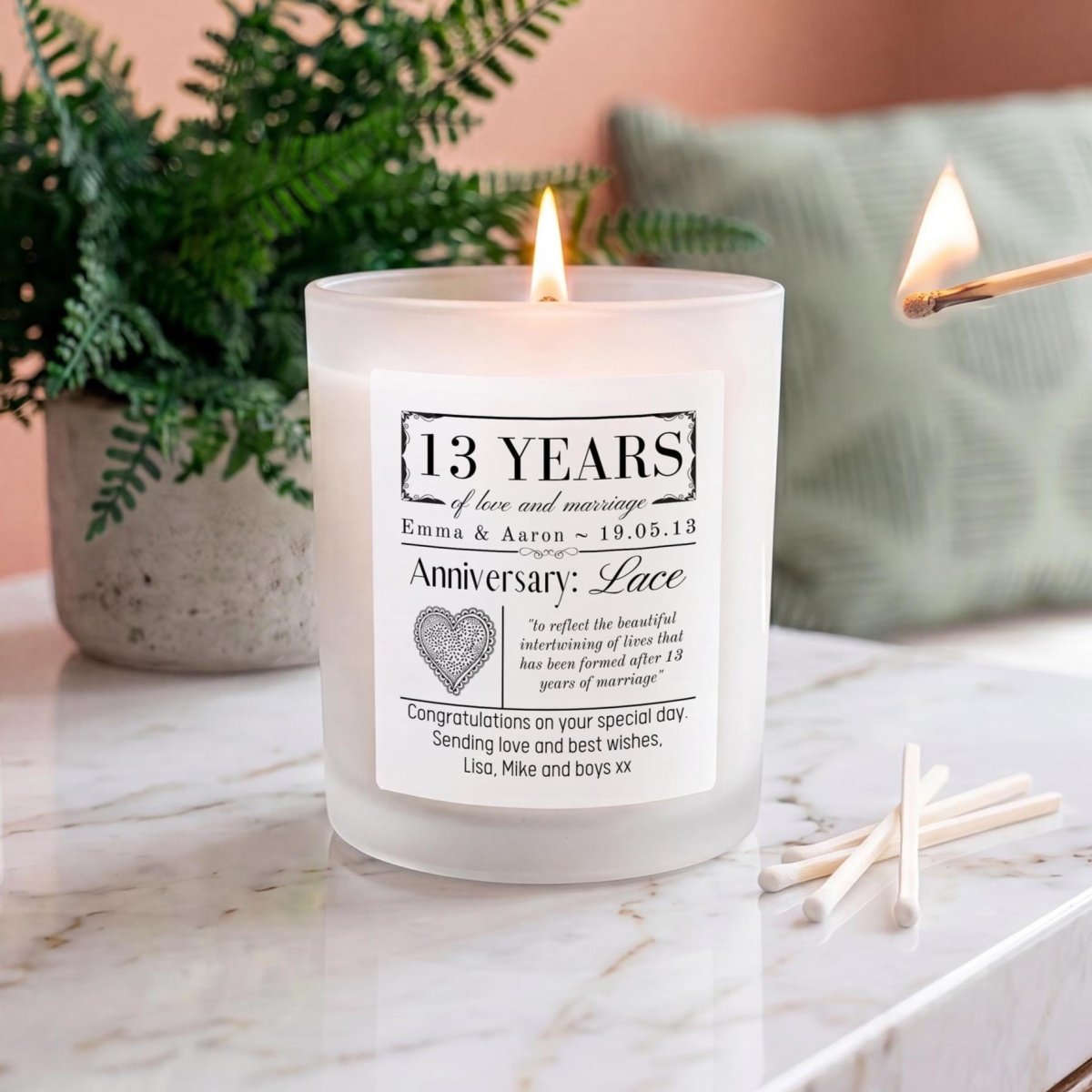 Personalised 13th Lace Wedding Anniversary Candle - The Word Shack