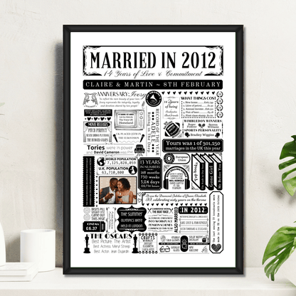 Personalised 14th ivory Anniversary Print | Married in 2012 Gift with Photo - The Word Shack