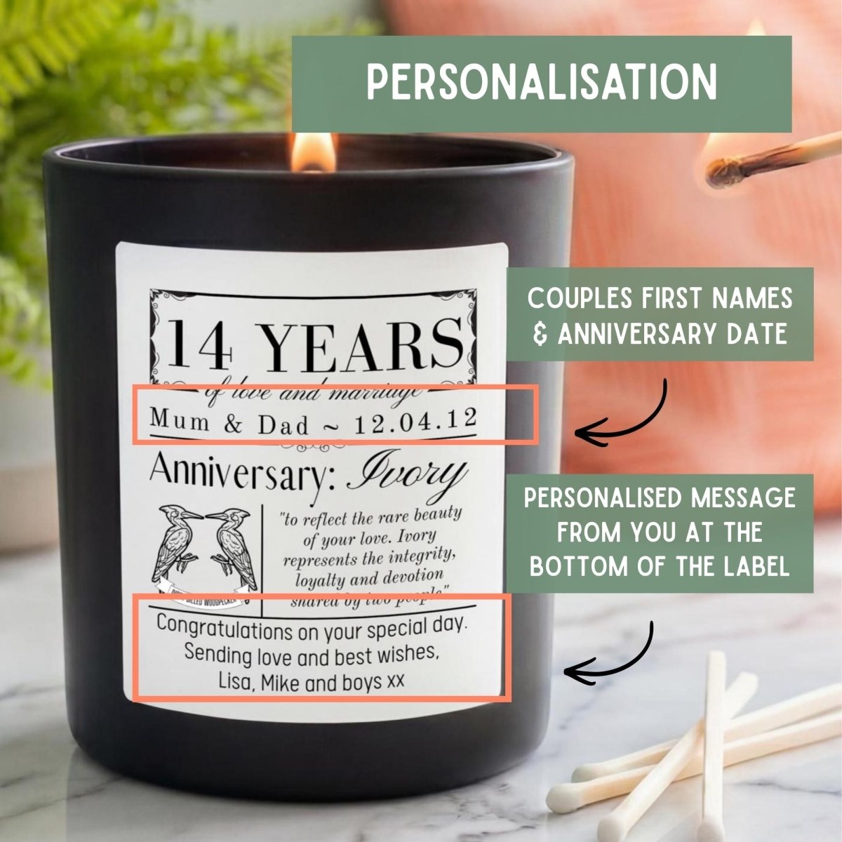 Personalised 14th Ivory Wedding Anniversary Candle - The Word Shack