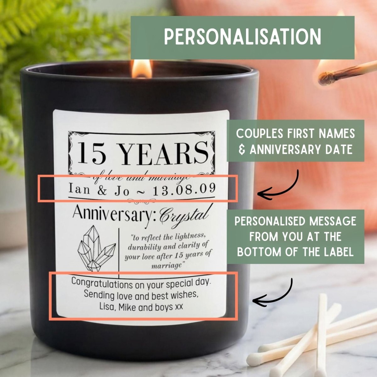 Personalised 15th Crystal Wedding Anniversary Candle - The Word Shack