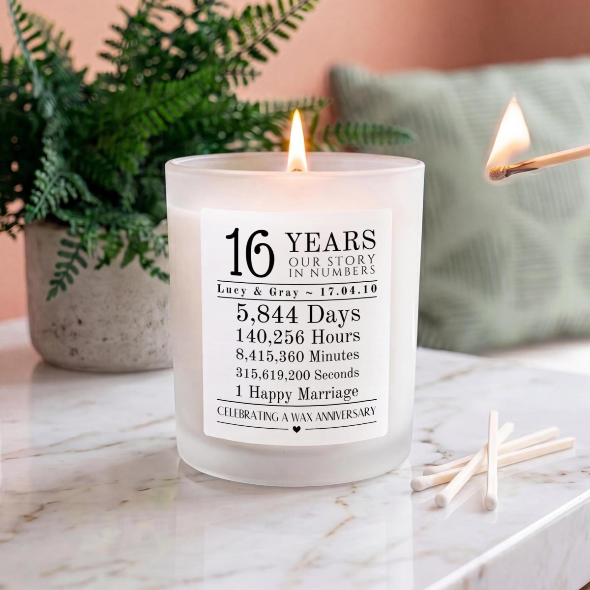 Personalised 16th Wax Anniversary Candle Our Story in Numbers - The Word Shack