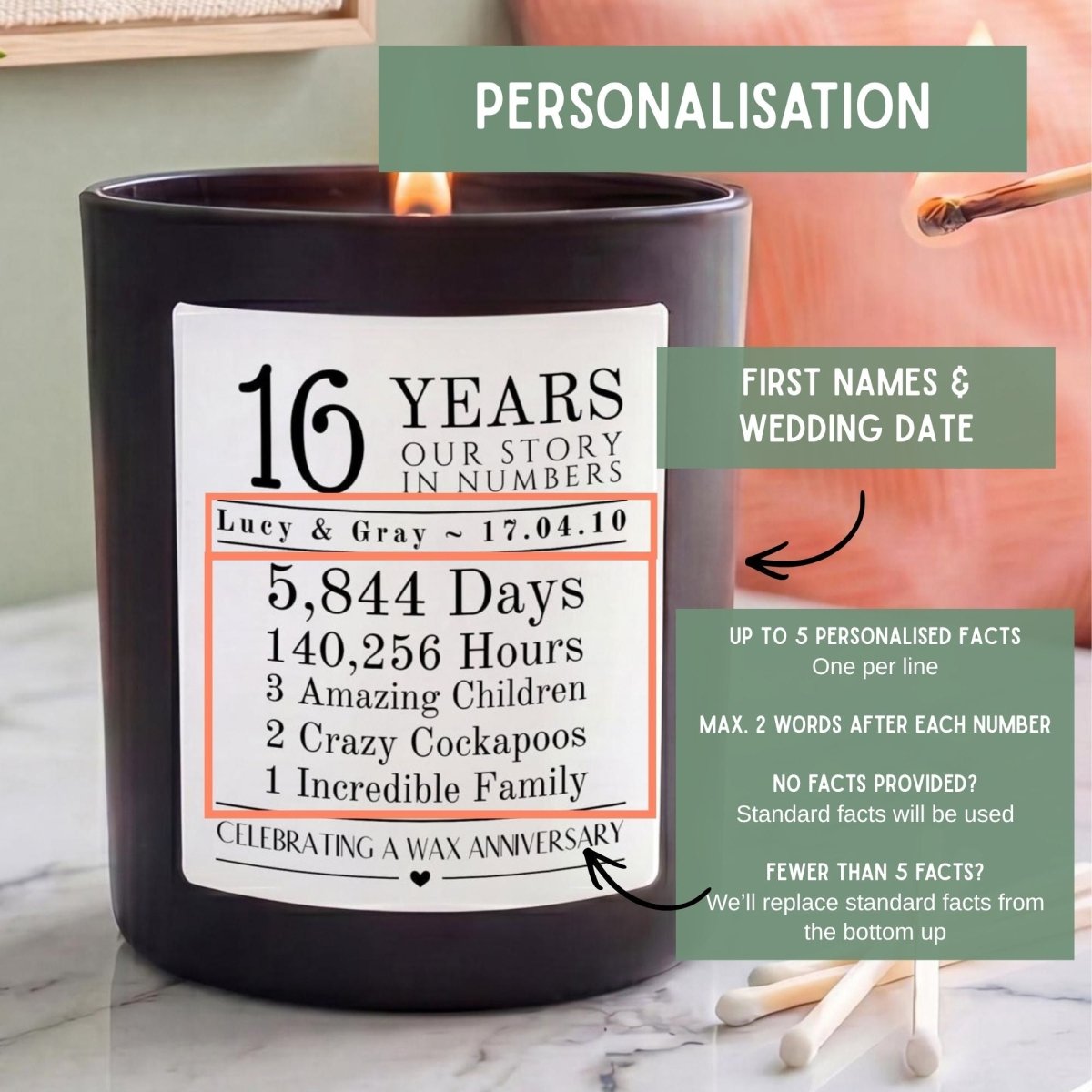 Personalised 16th Wax Anniversary Candle Our Story in Numbers - The Word Shack