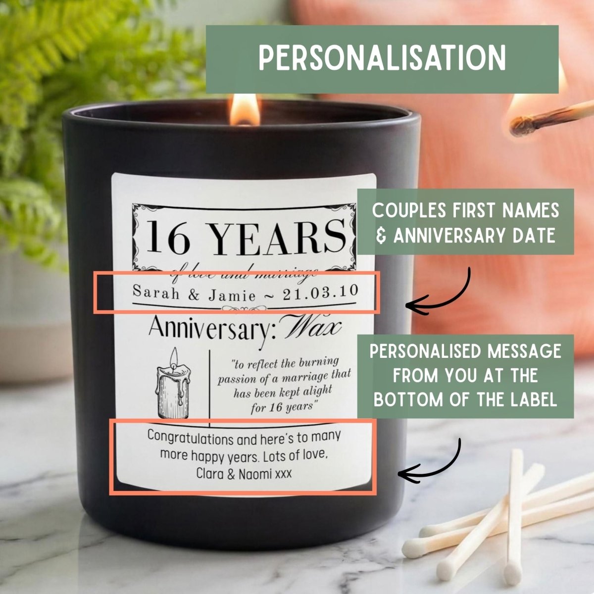Personalised 16th Wax Wedding Anniversary Candle - The Word Shack