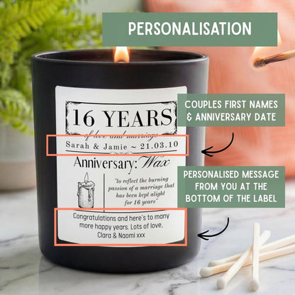 Personalised 16th Wax Wedding Anniversary Candle - The Word Shack