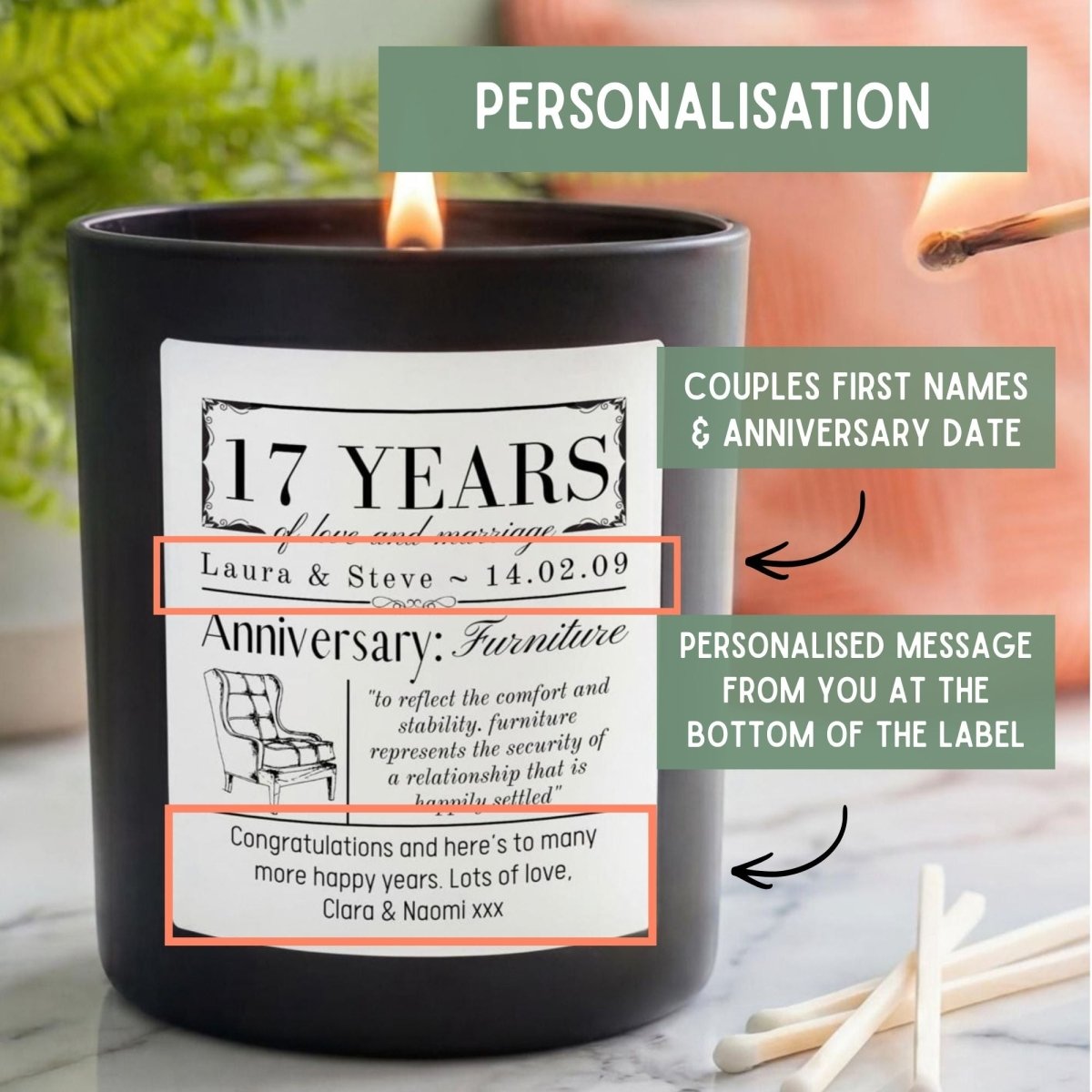 Personalised 17th Wedding Anniversary Candle - The Word Shack
