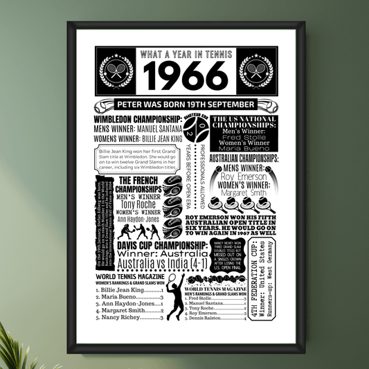 Personalised 1966 Tennis Print - 60th Birthday Gift - The Word Shack