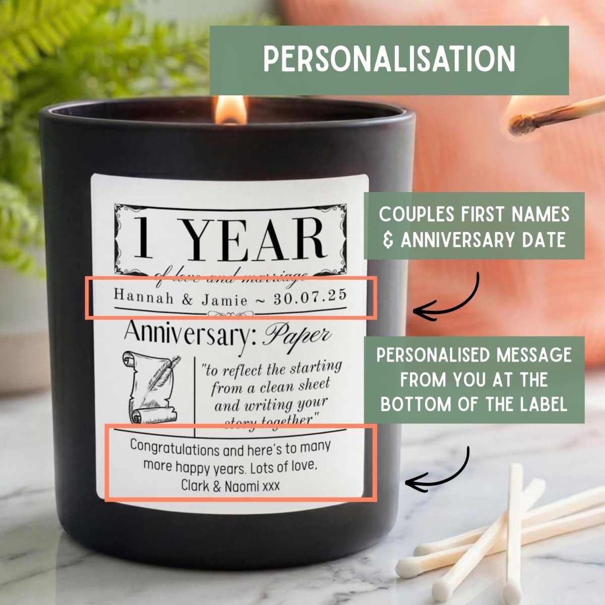 Personalised 1st Wedding Anniversary Candle - The Word Shack