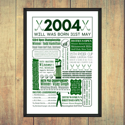 Personalised 2004 Golf Fact Poster - 21st Birthday Golf Gift - The Word Shack
