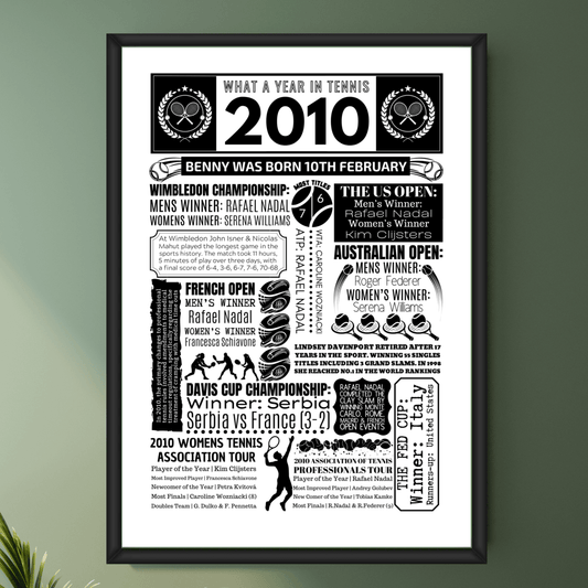Personalised 2010 Tennis Print - 16th Birthday Gift - The Word Shack