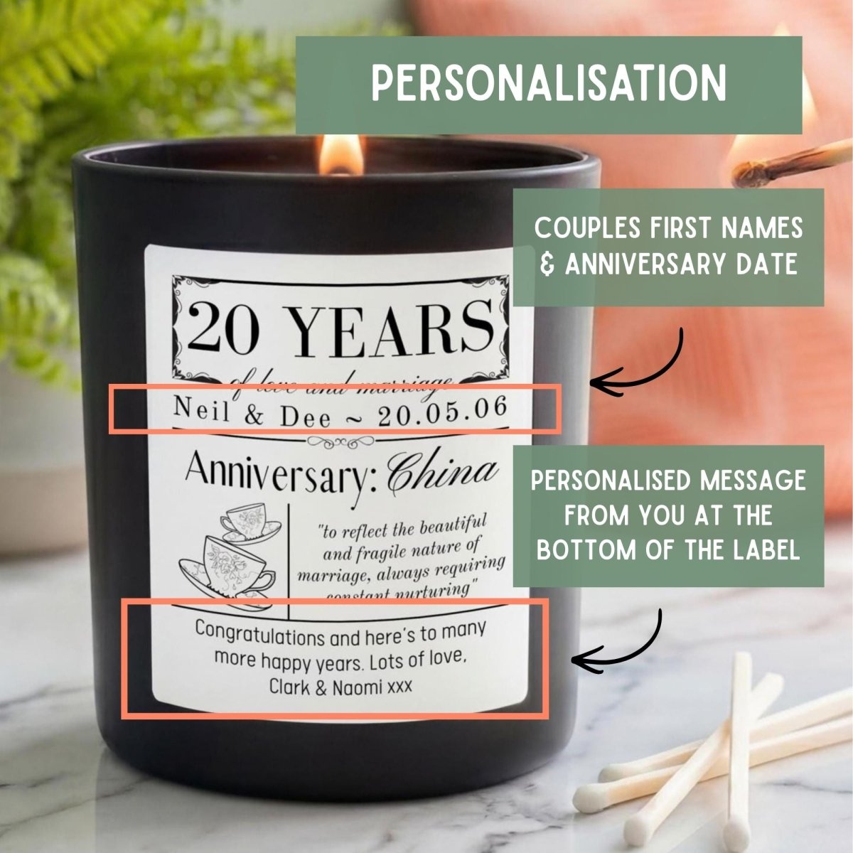 Personalised 20th Wedding Anniversary Candle | China Anniversary Gift - The Word Shack