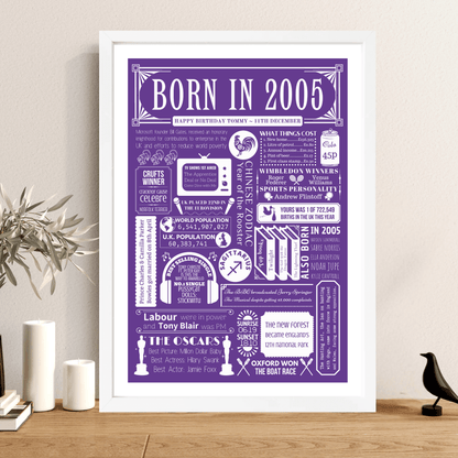 Personalised 21st Birthday Print | 2005 Custom colour Background - The Word Shack