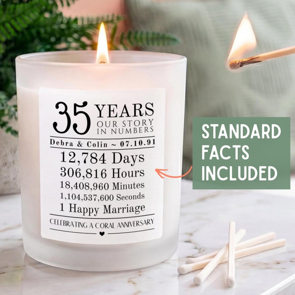 Personalised 35th Coral Anniversary Candle Our Story in Numbers - The Word Shack