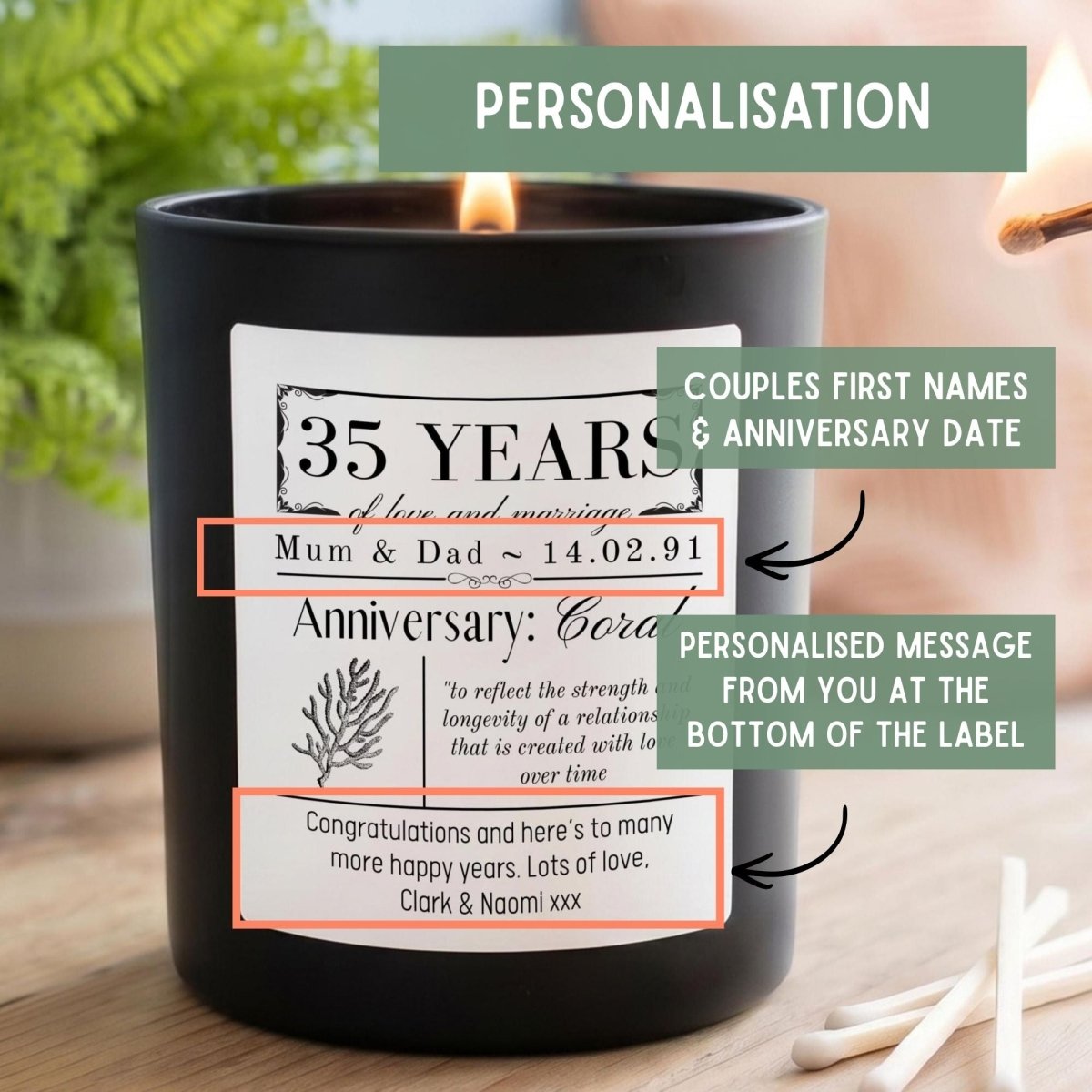 Personalised 35th Coral Wedding Anniversary Candle - The Word Shack