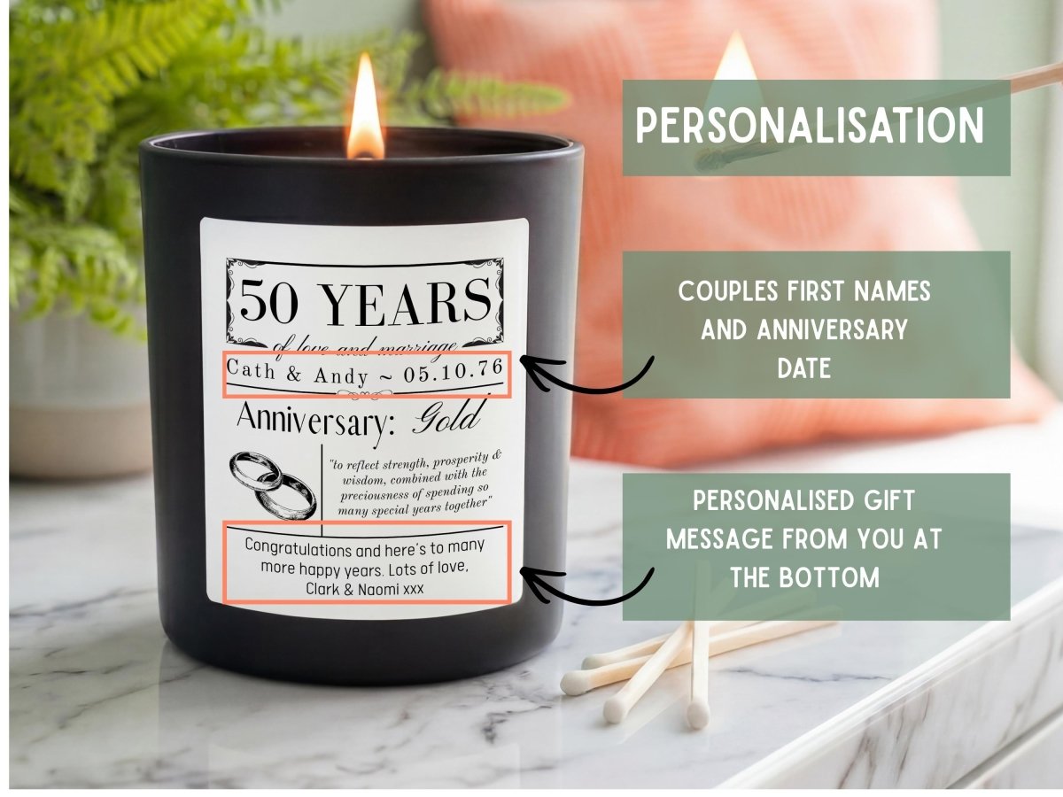 Personalised 50th Anniversary Candle | Golden Wedding Gift - The Word Shack