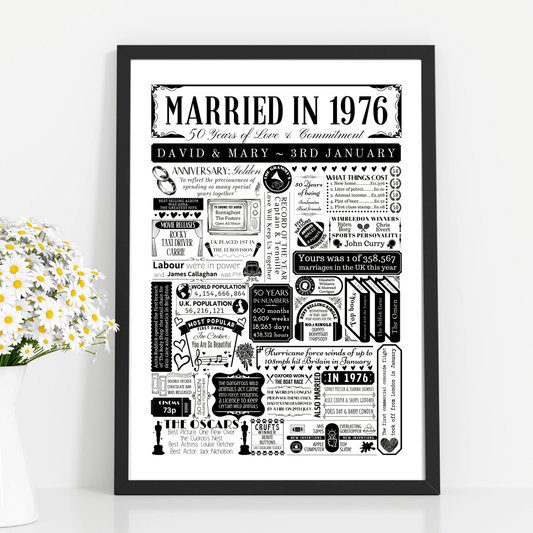 Personalised 50th Golden Wedding Anniversary Print | Married in 1976 - The Word Shack