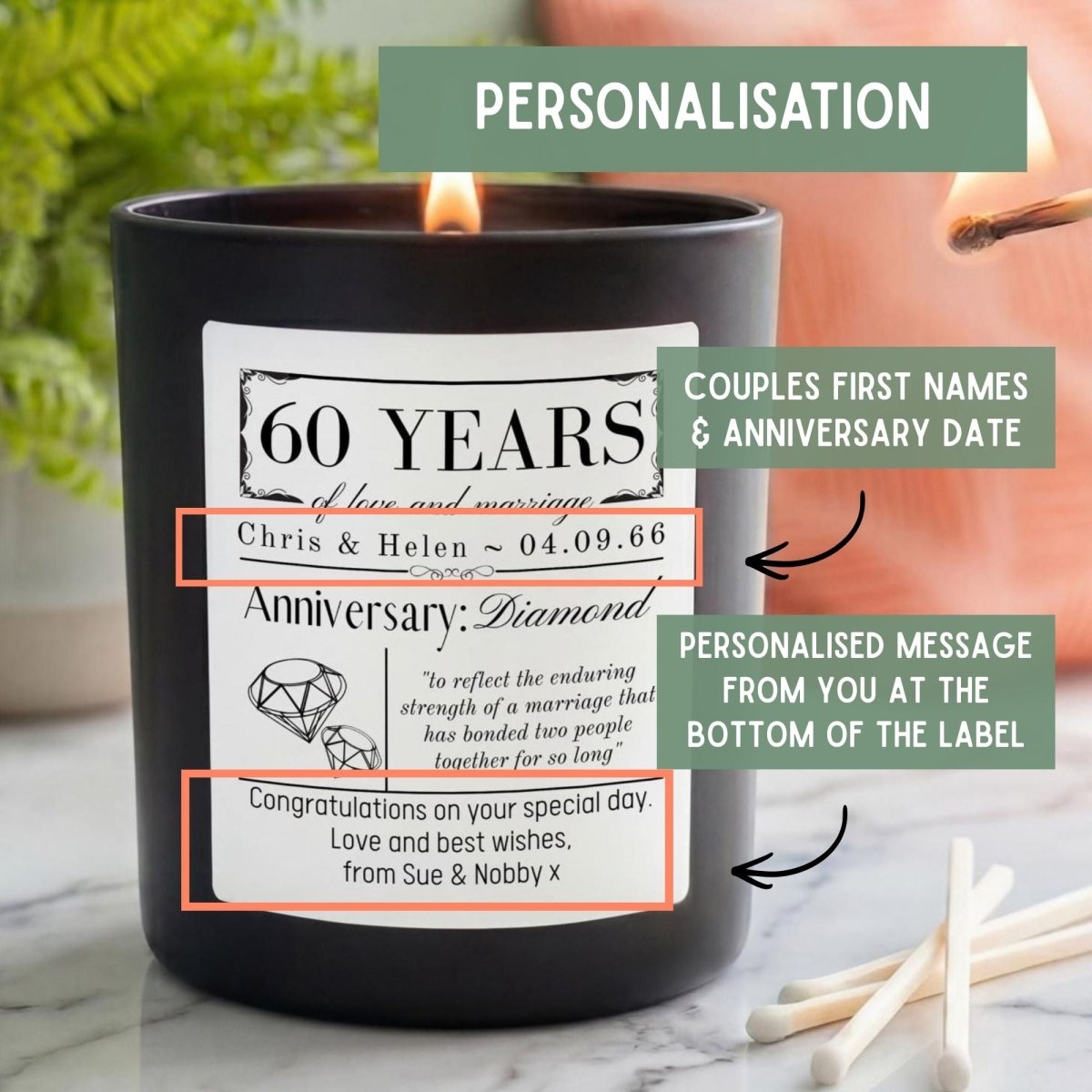 Personalised 60th Diamond Wedding Anniversary Candle - The Word Shack