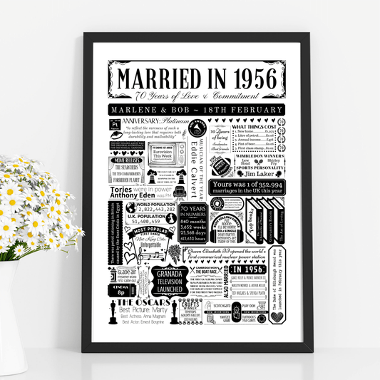 Personalised 70th Platinum Anniversary Print | Married in 1956 - The Word Shack