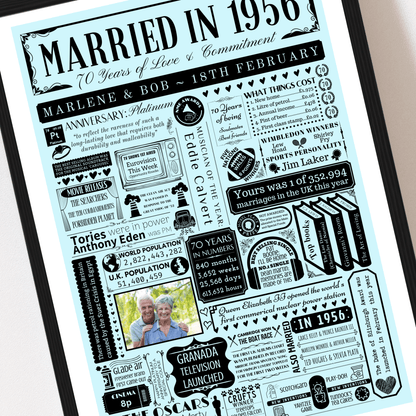 Personalised 70th Platinum Anniversary Print | Married in 1956 Gift with Photo - The Word Shack